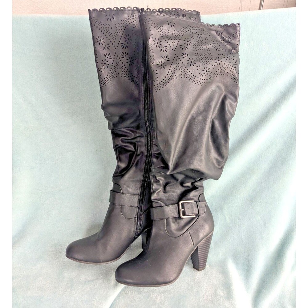 JustFab Knee High Boots Womens 7.5 W Black Wide Calf Block Heel Zip